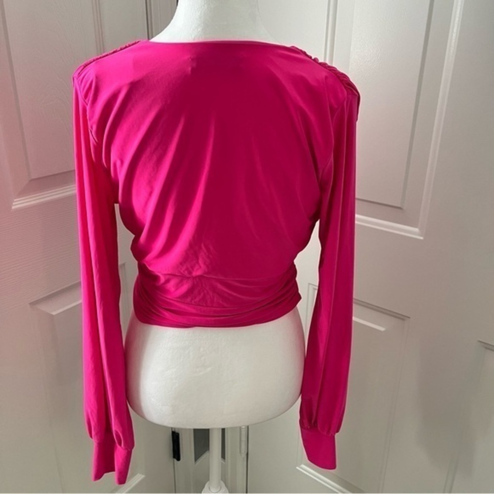 21 Saints Women Cropped Pink Long Sleeve Plunge Blouse Ruched‎ 34”Chest Crop Top - Picture 6 of 9